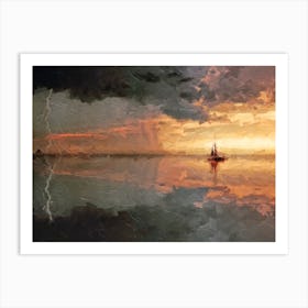 Boat Storm And Lightning Oil Painting Landscape Art Print