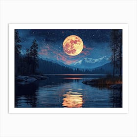 Full Moon Over Lake Art Print