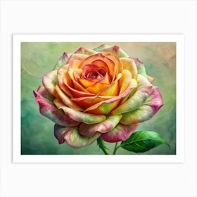 Close Up Watercolor Painting Of A Rainbow Rose 1 Art Print