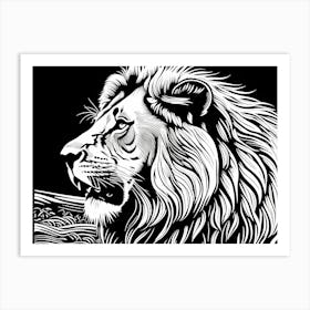 Lion Linocut Sketch Black And White art, animal art, 155 Art Print