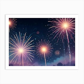 A Digital Illustration Of Fireworks Exploding In A Night Sky, Creating A Colorful And Vibrant Display Art Print