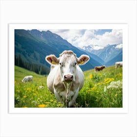 A Closeup On A Pure White Cow Ambling Leisurely In A Verdant Alpine Meadow The Beast Exuding Pure C 2 1 Art Print