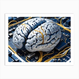 Human Brain Intricately Connected To A Circuit Board With Yellow Wires, Symbolizing Artificial Intelligence And Neural Networks Art Print