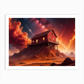 Red House On Stilts On A Rocky Hill, Alien Landscape With Nebula Sky Art Print