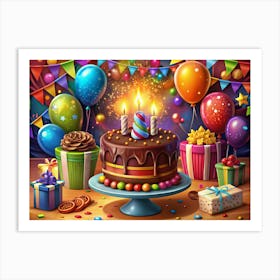 Birthday Cake With Candles And Gifts Art Print