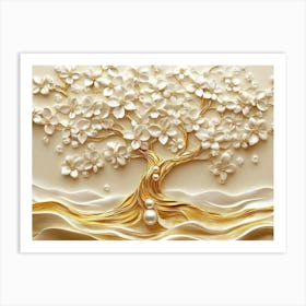 3D gold tree life with pearl and flowers Art Print