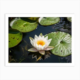 Closeup Of A Round White Water Lily Bloom Floating On A Sunny Summer Pond Vibrant Green Leaves And (1) Art Print