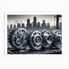 An Image Of A Set Of Interlocking Gears Against A Backdrop Of A Cityscape Art Print