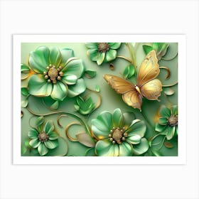 Green Flowers With A Butterfly Art Print