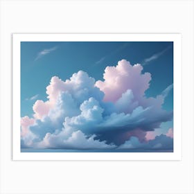 Stunning, Ethereal Cloudscape With Towering, Fluffy Cumulus Clouds In Shades Of White, Pink, And Blue Against A Clear Blue Sky Art Print