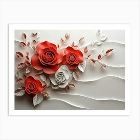 3d Red Rose Simple Floral Painting Light Gray Background Art Print