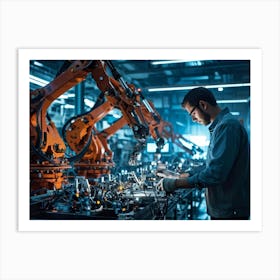 An Artificial Intelligence Engineer Immersed In A High Tech Manufacturing Factory Examining The Com (4) Art Print