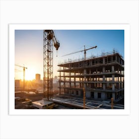 Construction Site With Cranes And A Building Under Construction At Sunrise, With A City Skyline In The Background 3 Art Print