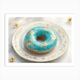 Turquoise Donut Adorned With Intricate Gold Floral Patterns Swirling Across Its Glazed Surface Res Art Print