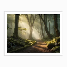 A Misty Morning Stroll in a Lush Forest Art Print