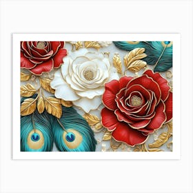 3d Seamless Pattern Diamond Painting White, Crimson, Turquoise and Golden Roses Flowers 1 Art Print