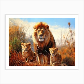 African Lion With Cubs Realism Painting 1 Art Print