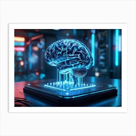 Cybernetic Brain Computer Interface Glowing With Neon Circuitry Entwined With Holographic Digital S (7) Art Print