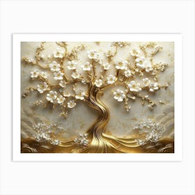 3d Art Golden Tree with White Flowers 3 Art Print