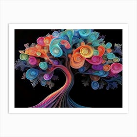 3d Tree Abstract Colorful Flower Art On Black, 3d Abstraction 1 Art Print