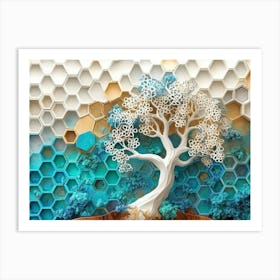 White Lattice and Ethereal Tree On Oak, Complemented by a Mix of Turquoise and Colorful Art Print