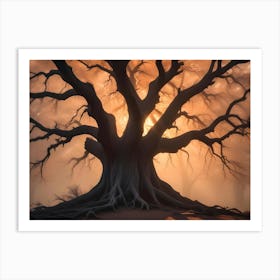 A Large, Ancient Tree With Gnarled Branches And Exposed Roots Stands In A Misty Forest Bathed In Warm, Orange Light Art Print