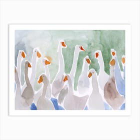 Flock Of Geese Watercolor painting farm farmcore birds grey gray blue green orange happy goose Art Print