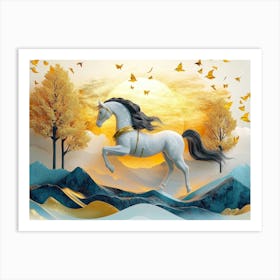 Horse In The Sunset In 3d Landscape Art Print