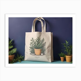 A White Tote Bag With A Hand Drawn Design Featuring A Potted Plant And The Words Garden Oasis Printed On It Art Print