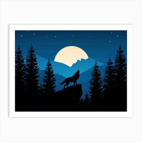 Illustration Of A Lone Wolf Howling Under A Full Moon In The Wilderness Of Wyoming Its Silhouette A (4) Art Print