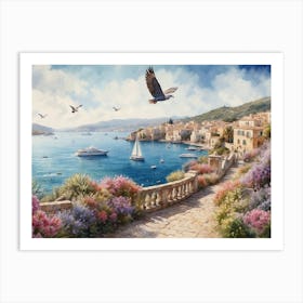 Oil Painting of Mediterranean Coastal View Art Print