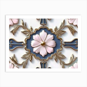 Seamless Sculpture, Retro Pattern Curve Cross Pink Flower Leaf Gold Frame Line Art Print