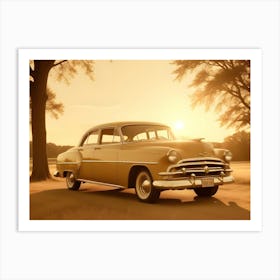 A Vintage Car Parked In A Field At Sunset Art Print