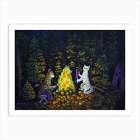 Cats Have Fun Cats Around The Fire Cook Dinner At Night In The Forest Art Print