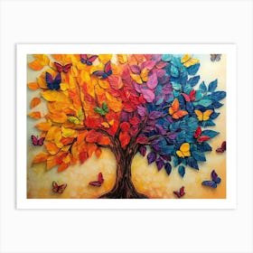 Colorful Tree with Vivid Leaves and Butterflies Painted in Beautiful 3d Abstract Style Perfect Artworks, Art Print