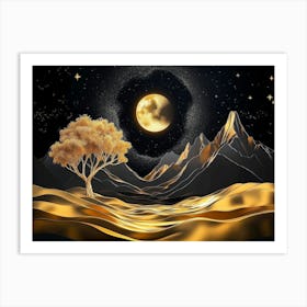 3d Modern Night Landscape With Dark Mountains, Dark Black Background With Stars Painting Art Print