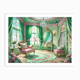 Elegant Green Living Room With Pink Accents Art Print