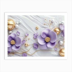 A 3d Artwork With Purple Flowers, Gold Balls, And Pearls On A White Marble Background Art Print