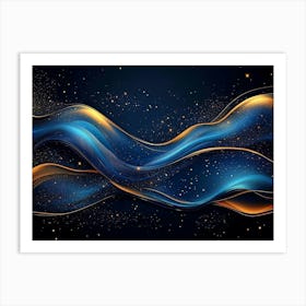 Abstract Blue and Gold Wave Design with Fluid Lines and Glowing Stars Art Print