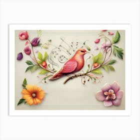 A Red Singing Bird With Some Flower Decoration And Music Notes - Color Painting On Bright Background Art Print