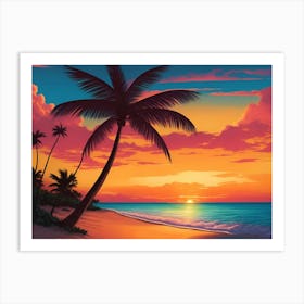 A Tranquil Beach At Sunset Horizontal Illustration 35 Art Print