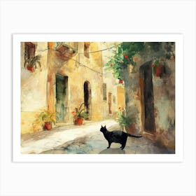 Black Cat In Bari, Italy, Street Art Watercolour Painting 2 Art Print