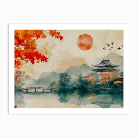 Serenity in the Autumn Temple -#JapaneseArt #WatercolorScenery #AutumnTemple #PeacefulNature #CulturalArt #MistyMountains #SunsetGlow #OrientalBeauty #TranquilVibes #FyArt Art Print