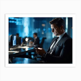 Businessman Sharp Suit Ultra Clear Texting On A Sleek Smartphone Indoor Setting Ambient Office (4) Art Print