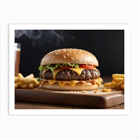 Juicy Cheeseburger With Bacon, Lettuce, Tomato, And Fries Art Print