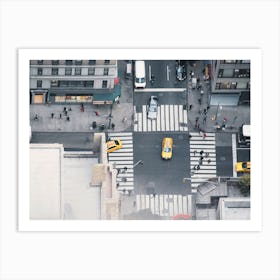 New York, USA I Miniature black and white aerial view from building rooftop Rockefeller center or NYC city skyscraper looks like a video game with its yellow cabs taxi, passerby, cars and architecture Art Print