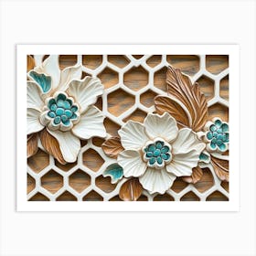 Oak Artwork Adorned With White Lattice, Turquoise Accents and Floral Hexagonal Patterns Art Print