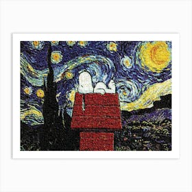 dog sleep sleeping red house starry night van gogh Art Print