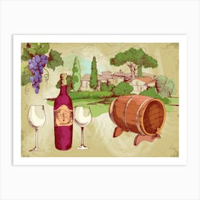 Vintage Wine Bottle And Barrel — wine poster, kitchen poster, wine print Art Print