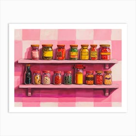 Spices On A Shelf Pink Checkerboard  Art Print